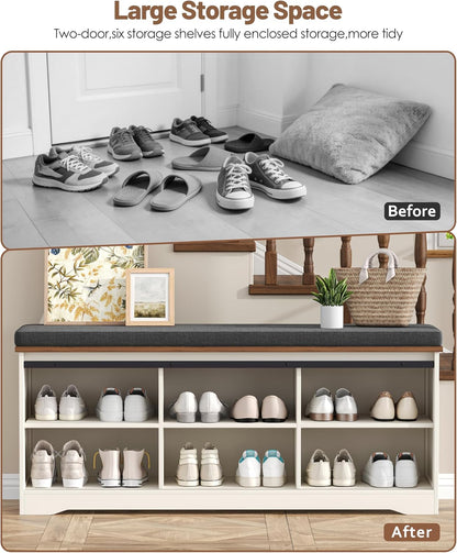 Farmhouse Storage Bench with Cushion, 47.2" Shoe Bench with Slide Barn Doors and Adjustable Shelves, Entryway Bench with Storage for Bedroom, Closet, Living Room, Hallway, White