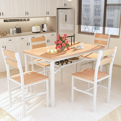Hooseng Dining Table Set for 4, Wood Kitchen Table Chairs Set with Storage, Farmhouse 5 Piece Dining Room Table Set, Space-Saving Dinette Set for Breakfast Nook, Apartment