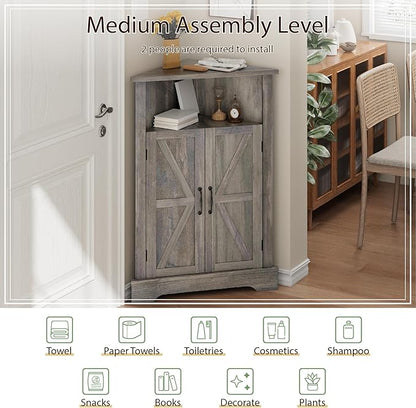 Smuxee Bathroom Corner Storage Cabinet, Farmhouse Floor Corner Cabinet with Barn Door and Adjustable Shelf, Wash Grey Narrow Cabinet Organizer for Bathroom, Living Room, Kitchen