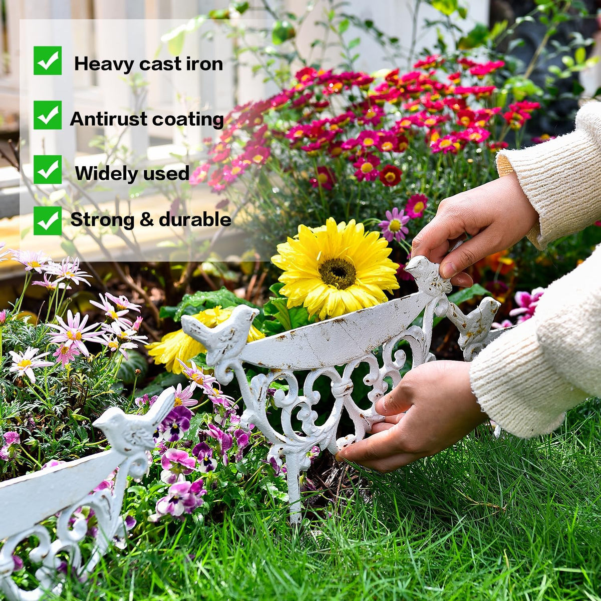 Sungmor Decorative Cast Iron Garden Edging Border, 4 Pack White Landscape Edging Low Picket Fence, 9.9inch Tall Outdoor Flower Bed Lawn Fence Panels, Vintage Metal Yard Decor Stakes