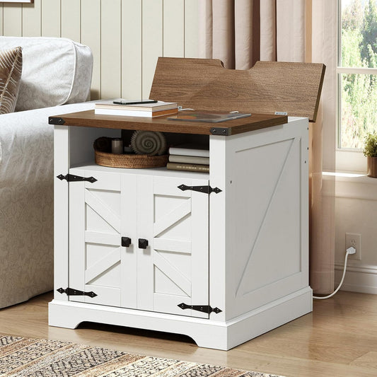 HOOBRO Farmhouse End Table with Charging Station, 23.6" Large End Tables for Living Room, Sofa Side Table with Barn Door, Wooden Square Nightstand Bedside Table, Flip Top, White and Walnut WH601UBZ01