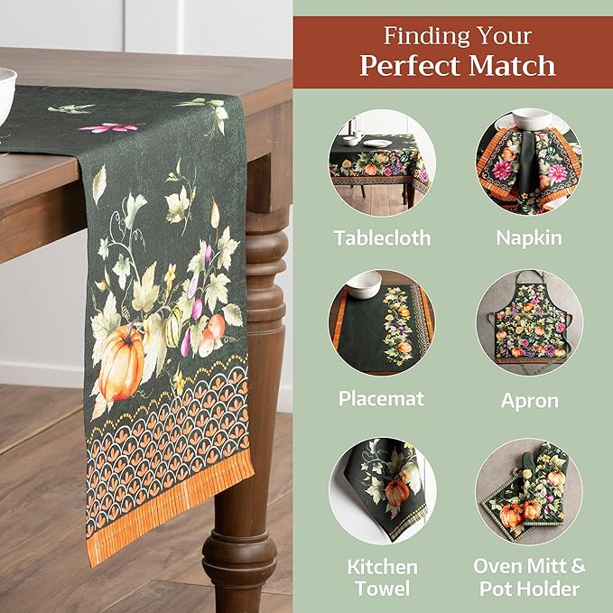 Maison d' Hermine Table Runner 100% Cotton Single Layer Table Runners 108 inches Long for Thanksgiving Christmas Decorations Home Kitchen Dining Wedding (Pumpkin Garden - Dark Green, 14.5" x 108")