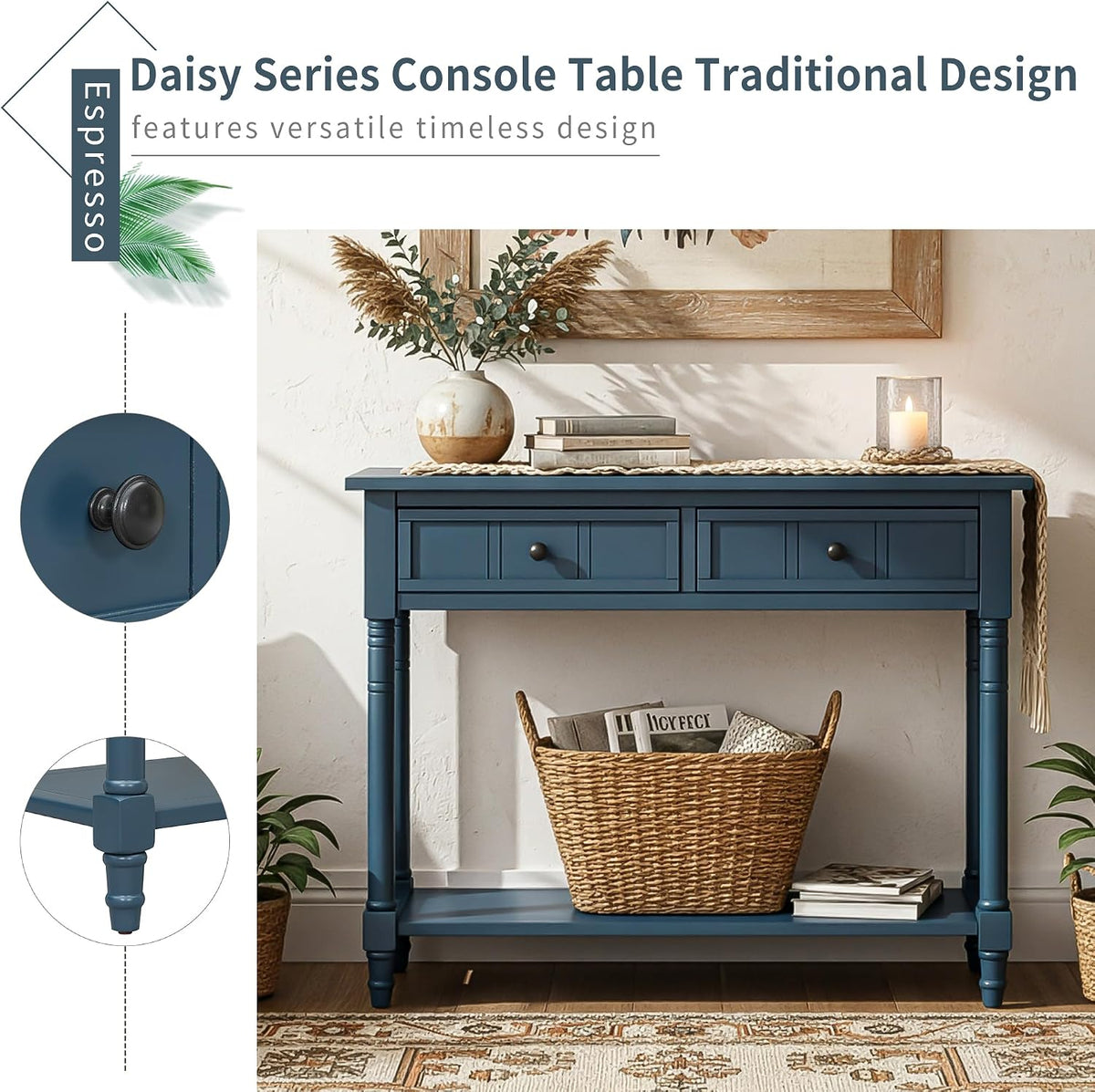 Merax Long Narrow Entryway Console Table with Storage Drawers and Bottom Shelf Dark Navy