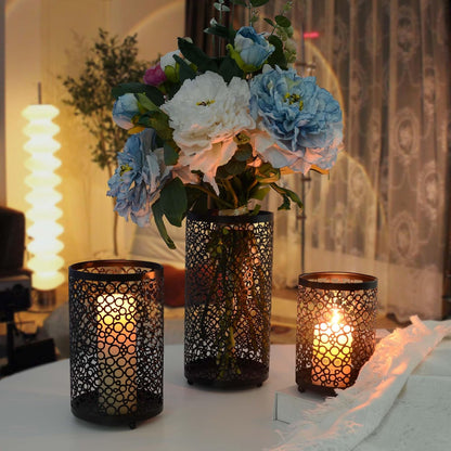 Metal Candle Holders Set of 3, Decorative Tealight Candle Holder Sets, Candlestick for Pillar Vintage Style Perfect for Tabletop Centerpieces (Black, Bubble Pattern)
