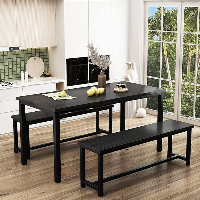 Dining Room Table Set with 2 Benches, Farmhouse Dining Table Set for 4-6, Wood Breakfast Table Set Dinner Table Set Kitchen Table and Chairs for Breakfast Nook Small Spaces, Black