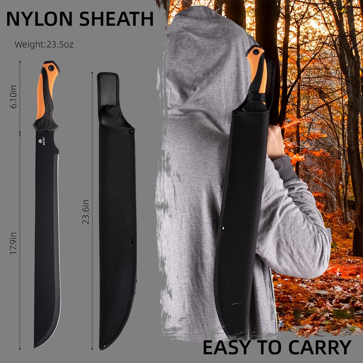 REAT Gardening Heavy Duty Machete,24" Full Tang Machete with Shaeth,Ergonomic No-Slip Handle,Machetes for Bushcraft, Outdoor Hunting, Garden Cutting Trees and Yard Work (Orange)