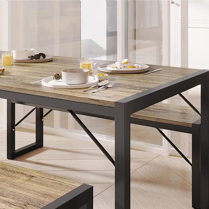 Gizoon 45.5" Dining Table Set for 4 with 2 Benches, Kitchen Table Set with Metal Frame & MDF Board, Space-Saving Dinette for Kitchen, Dining Room -Grey