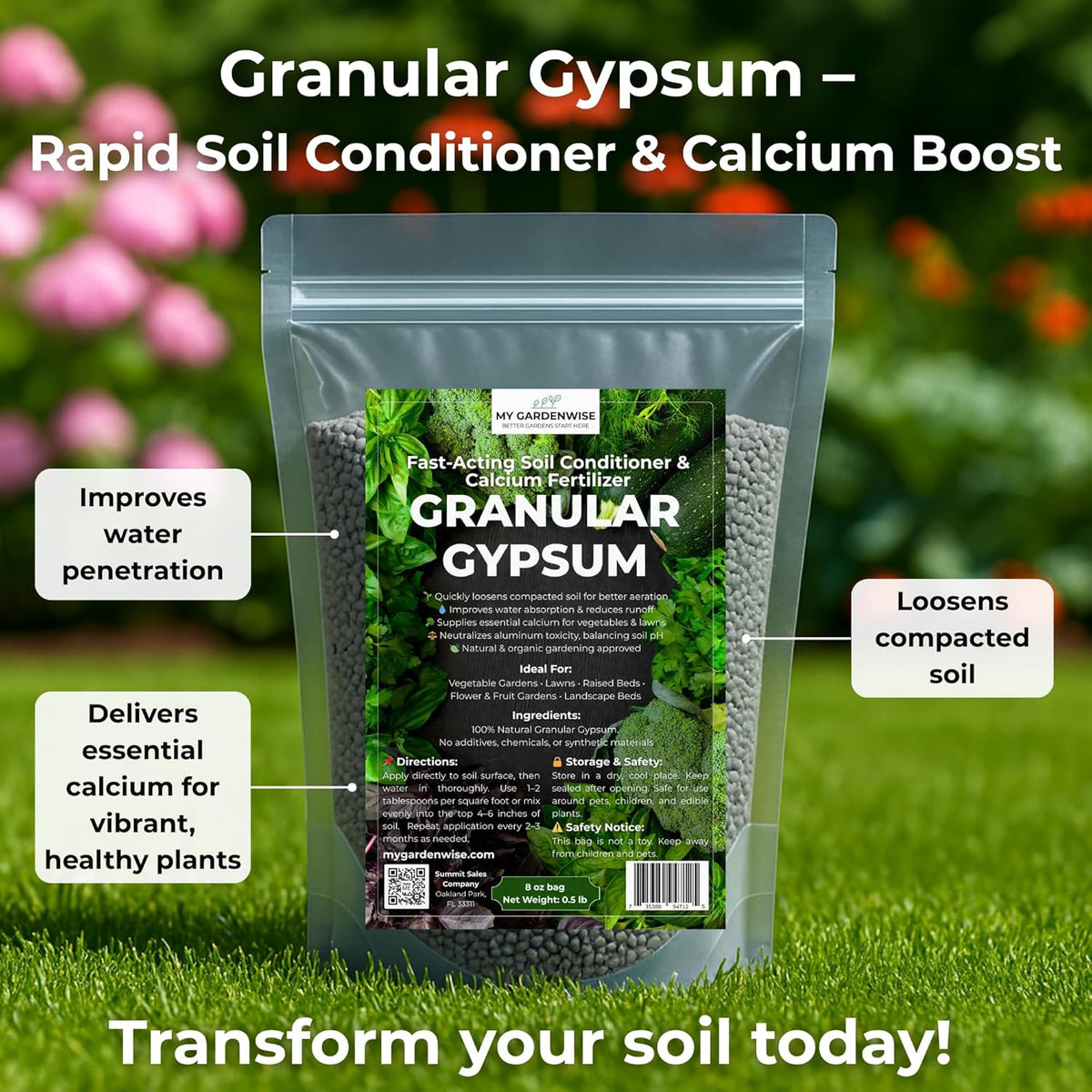Gypsum for Soil - Calcium for Plants - Gypsum Fertilizer for Gardening, Lawn & Vegetables - Calcium for Garden (4 qts. - 8 lbs.)