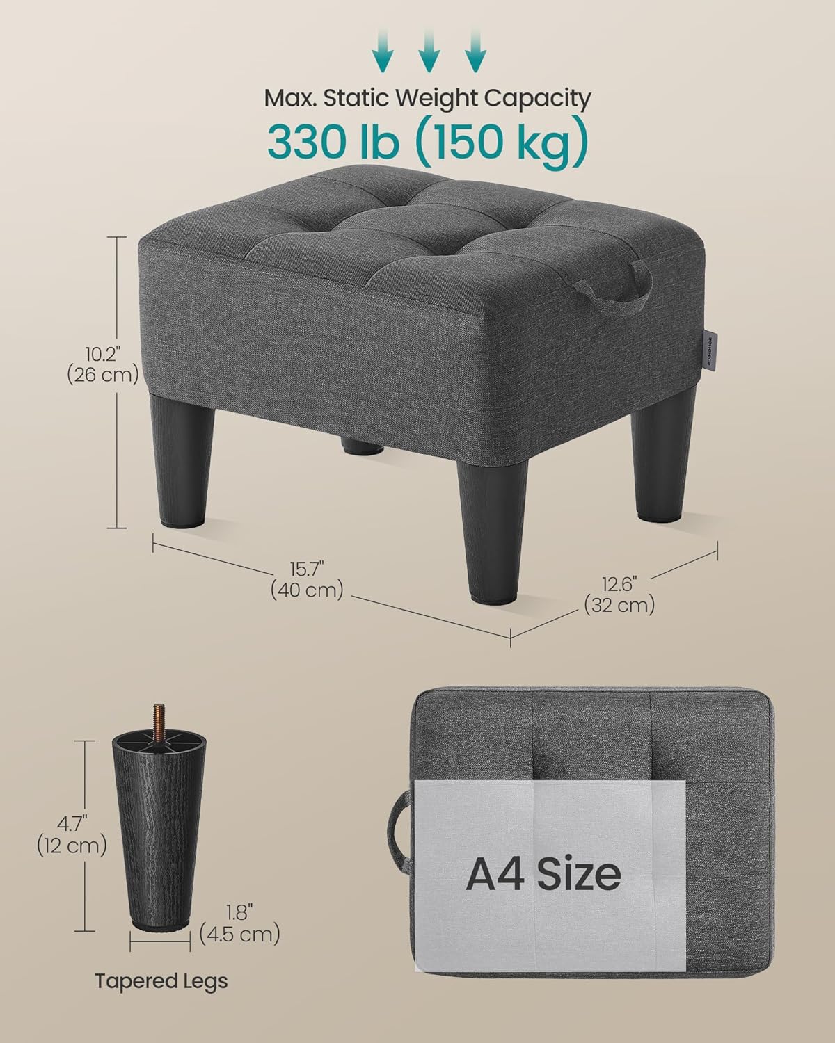 SONGMICS Foot Stool with Legs, Small Footstool Ottoman, Linen-Look Fabric Seat with Thick Cushion, for Living Room, Bedroom, Entryway, 330 lb Weight Capacity, Dark Gray ULOM502G01