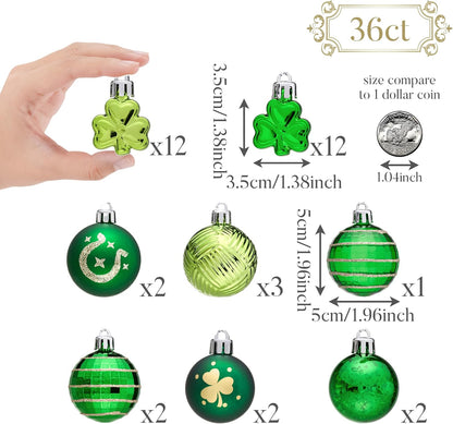 Valery Madelyn St Patricks Day Decorations Shamrock Tree Ornament Set, 36ct 2inch Hanging Ball Ornament Irish Festival Decor, Good Luck Clover Green Gold Christmas Ball for Party Home Spring