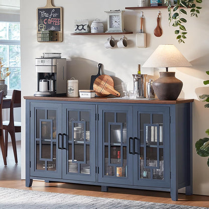 Joaxswe Large Sideboard Buffet Cabinet with Storage, 63" Farmhouse Navy Blue Kitchen Coffee Wine Bar Cabinet with 4 Glass Doors, Mid Century Modern Wood Side Board Table for Dining Room, Living Room