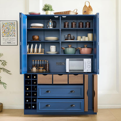 Large Kitchen Pantry Cabinet with 4 Foldable Doors and Storage Shelves, Farmhouse Freestanding Cupboard with Wine Racks, Power Outlet and Serving Trays (Blue)