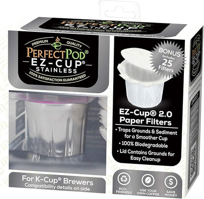 EZ-Cup Stainless Steel 1-Stream Reusable K Cup Coffee Pod for Keurig + 25 Disposable Paper Filters - Refillable Capsule Compatible with Keurig and Other Select Coffee Makers