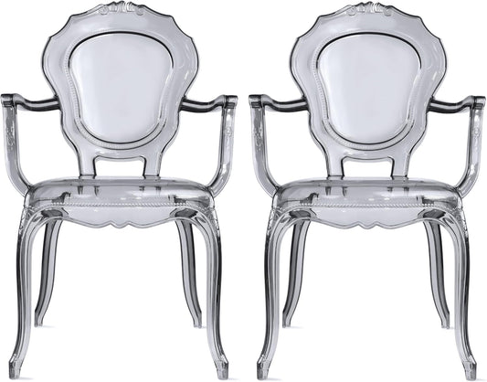 2xhome Stackable Ghost Dining Chair | Transparent Vanity Armchair | Louis Belle Style Kitchen Patio Chair Parent (2, Smoke, Armchair)