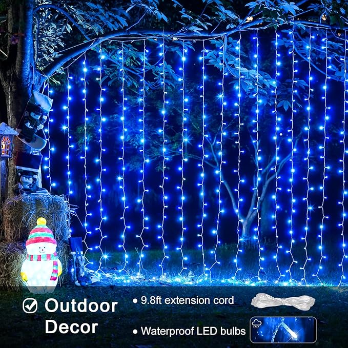 JMEXSUSS 300LED Christmas Curtain Lights, Blue Christmas Lights with Remote, Blue String Lights for Bedroom Wall Window Backdrop Garden Indoor Outdoor Patio Yard Porch Decorations, 9.8x9.8ft