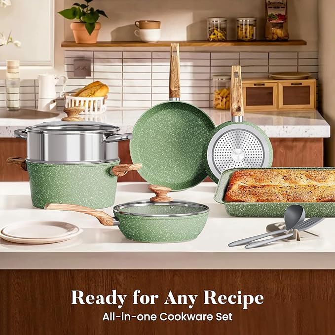 Kitchen Academy 17 Pieces Induction Cookware Set with Griddle, Green Granite Pots and Pans Set Non Stick, Healthy Nonstick Cooking Pans Set