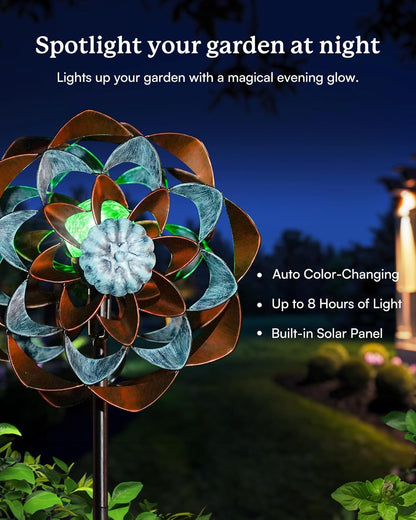 Solar Wind Spinner, Outdoor Metal Wind Spinners with Light, Windmill Decor for Yard Garden, Ideal Gifts for Birthday, Housewarming, Mother's Day, Christmas (13" W x 74" H)