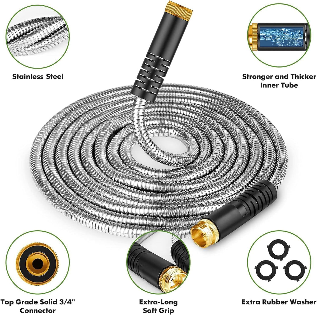 Garden Hose 175ft, Stainless Steel Heavy Duty Water Hose with 10 Function Nozzle Flexible, Lightweight, No-Kink, Pet Proof, Puncture Proof Metal Hose for Yard, Outdoor