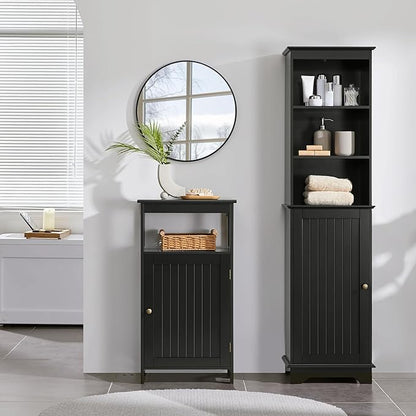Yaheetech 4-Tier Bathroom Floor Storage Cabinet, Bathroom Free Standing Storage Organizer with Single Door and Adjustable Shelf, Narrow Side Cabinet for Living Room, Kitchen, Hallway, Black