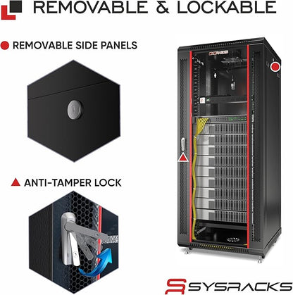 Sysracks 22U Wall Mount Server Rack Cabinet, 19” Locking Network Rack, 24” Deep, Glass Door, with Fan, PDU and Shelf