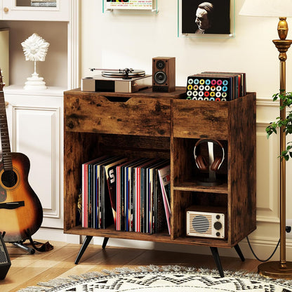 Giantex Large Record Player Stand with Charging Station, Mid Century Turntable Stand Holds Up to 300 Albums, Record Player Table w/Drawer & Display Shelf, Vinyl Record Storage for Living Room, Brown