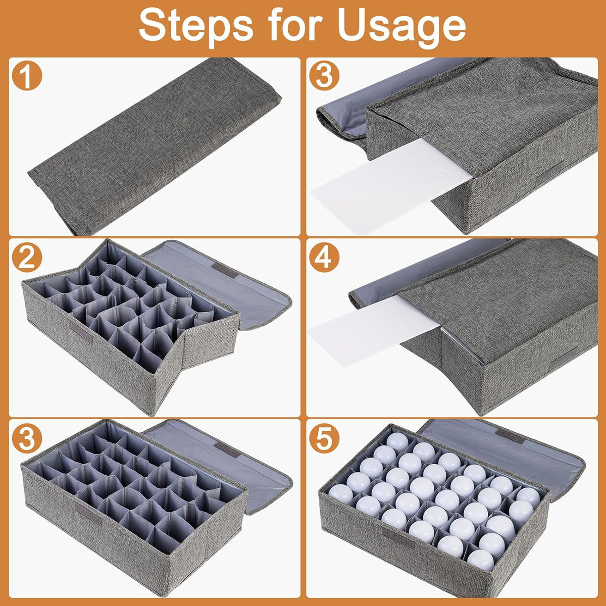 Light Bulb Organizer Storage Box, Ornament Storage with 30 Dividers Foldable Organizer with Lid Sturdy PP Board Fits Various Christmas Light Standard Bulbs Case Box Gray
