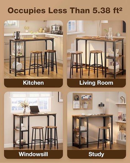 3-Piece Bar Table Set for 2, Table with Stools & 2 Storage Shelves, Small Bar Table Set with Glass Rack, Small Kitchen Table for Dining Room, Living Room, Rustic Brown