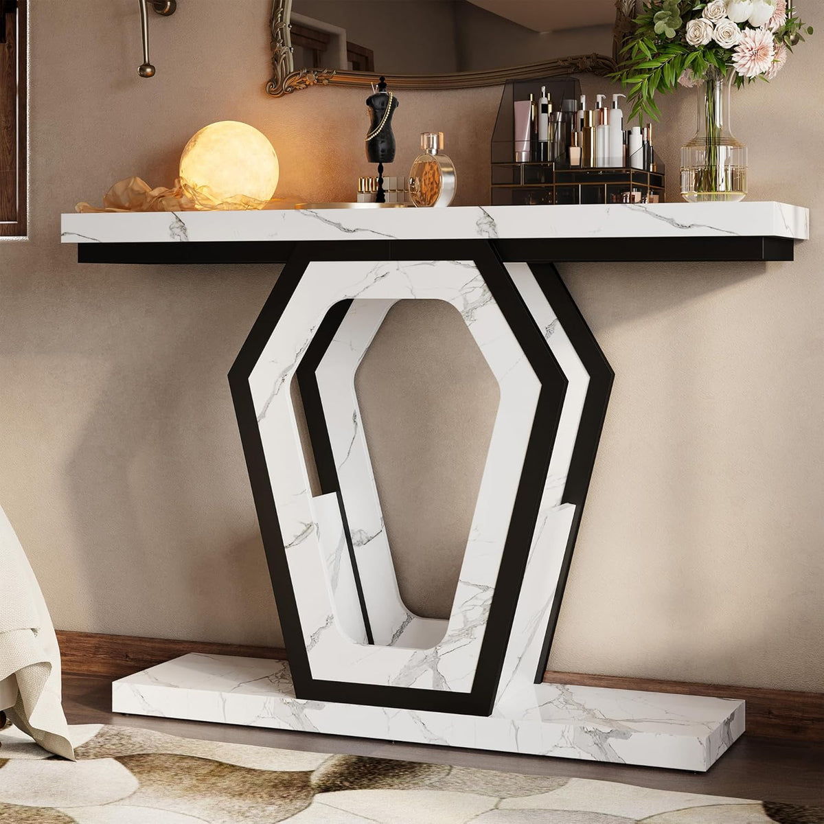 FUSUNBAO 47.3" Console Table,Openwork Bracket Sofa Table, Wood Narrow Entryway Table for Hallway, Behind The Couch, Living Room, Foyer, Easy Assembly（White Marble Texture）