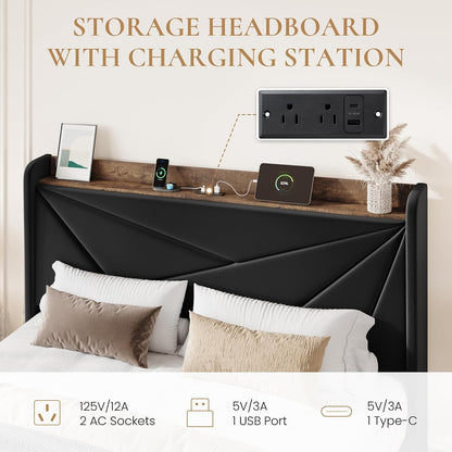 SHA CERLIN Queen Bed Frame, Storage Headboard with Drawers, Charging, Black