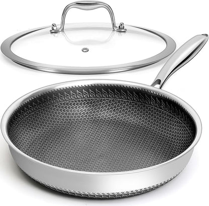 12 inches Frying Pan Nonstick Deep Sauté Pan and Lid, Non Stick Stainless Steel Pan Dishwasher and Oven-Safe, Compatible with All Cooktops