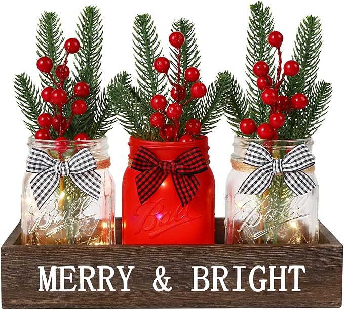 DIYDEC 3PCS Christmas Mason Jars 3*5Inch lighting Painted Xmas Tiered Tray Decorative Jars with Wood Tray &Artificial Flowers Wishing Bottles for Winter Holiday Home Table Centerpiece Decor Gift (Red)