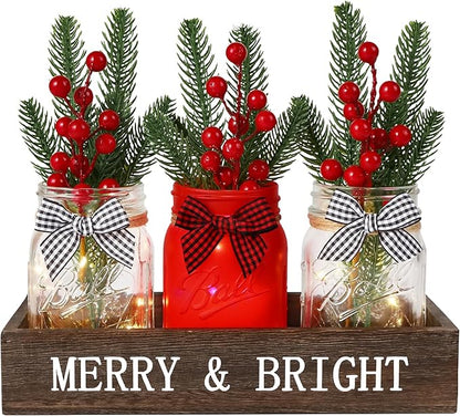 DIYDEC 3PCS Christmas Mason Jars 3*5Inch lighting Painted Xmas Tiered Tray Decorative Jars with Wood Tray &Artificial Flowers Wishing Bottles for Winter Holiday Home Table Centerpiece Decor Gift (Red)