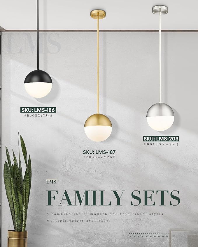 LMS 2-Pack Brushed Gold Pendant Lights, Modern Pendant Light with Milky Globe Glass Shade, Adjustable Hanging Lighting Rod for Kitchen Island Dining Room Bedroom, LMS-186BG2PK