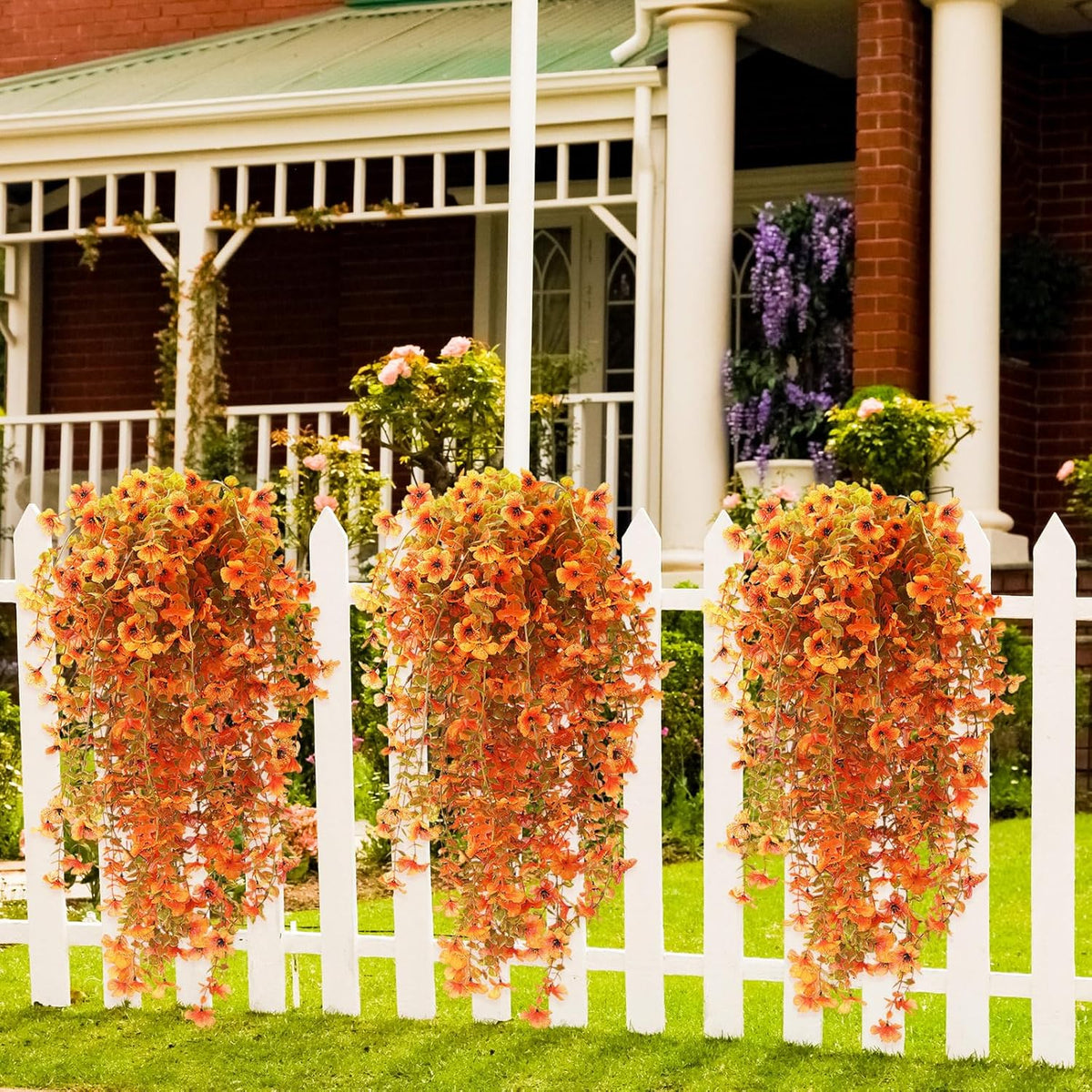 6 Pcs Artificial Fall Hanging Flowers Outdoor Silk Mum Plants Autumn Decor Faux Violet with Eucalyptus Realistic UV Resistant Trailing Vine Thanksgiving Porch Yard(Warm Color,Violet)