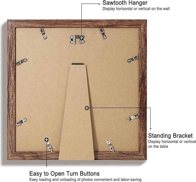 12x12 Picture Frame Set of 4 with Tempered Glass, Rustic Frame Display 10x10 Pictures with Mat or 12 x 12 Without Mat, Wood Square Photo Frames for Desktop Display and Wall Mounting