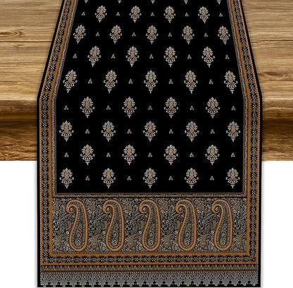 Vintage Paisley Table Runner, Boho Brown Black Flowers Leaves Print Table Runner for Home Dining Kitchen Table Party Wedding Decor, 13x90inch