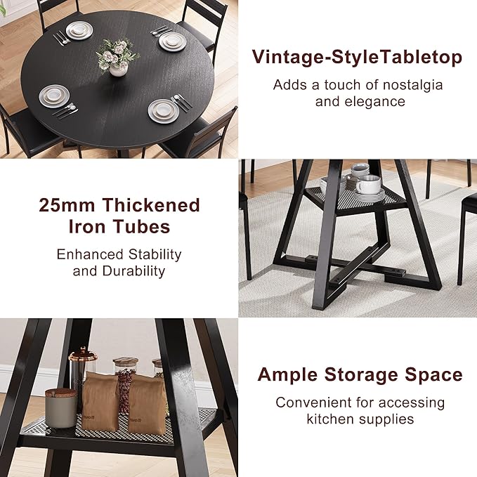Round Dining Table for 4,Kitchen Dining Room Circle Dinner Pedestal Table,Space Saving Wood Kitchen & Dining Room Furniture (Black, 47In)