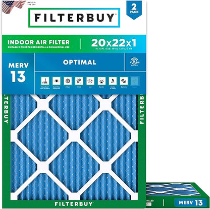 Filterbuy 20x22x1 Air Filter MERV 13 Optimal Smoke & Allergy Defense (2-Pack), Electrostatic Pleated HVAC AC Furnace Filters Replacement, Made in USA (Actual Size: 19.50 x 21.50 x 0.75)