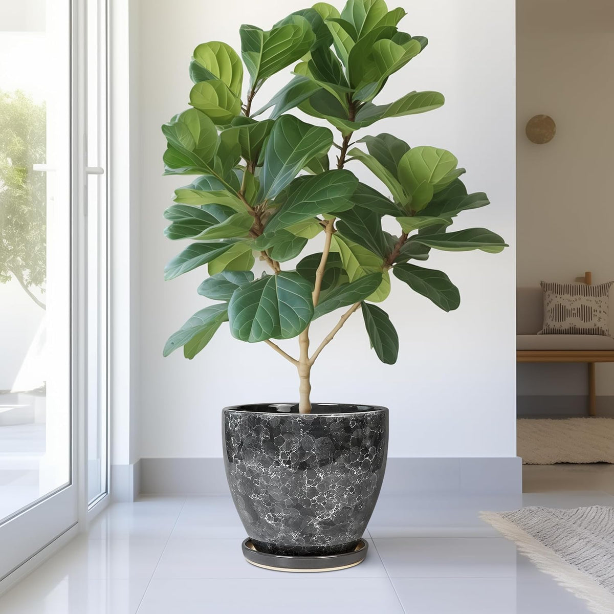 Ceramic Pots for Plants - 10 Inch Planter for Indoor Outdoor, Decorative Round Flower Pot with Drainage Hole and Saucer, Garden Patio Living Room Home Decor, Housewarming Gifts, Grey