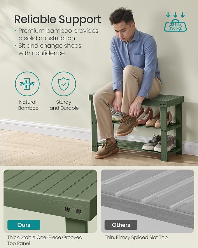 SONGMICS Shoe Rack Bench, 3-Tier Bamboo Shoe Storage Organizer, Entryway Bench, Holds Up to 286 lb, 11.3 x 27.6 x 17.8 Inches, for Entryway Bathroom Bedroom, Forest Green ULBS004C01