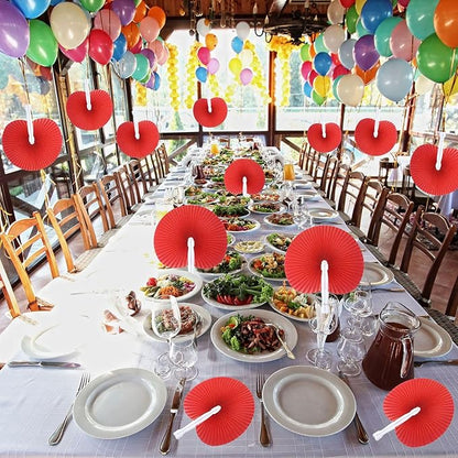 12 Packs Decorative Paper Folding Hand Fans Handheld,Red Round Foldable Wedding Fans Chinese and Japanese Fans Bulk for Bridal Guest Church Party Favors Dancing Birthday DIY