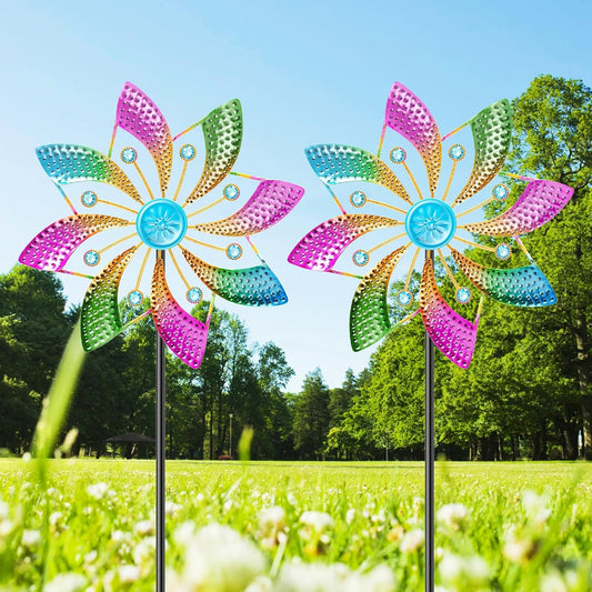 Wind Spinner Outdoor, Standing Wind Sculpture Yard Art Decorations, Metal Windmill for Patio Lawn & Garden Decor (B-Colorful-2PCS)