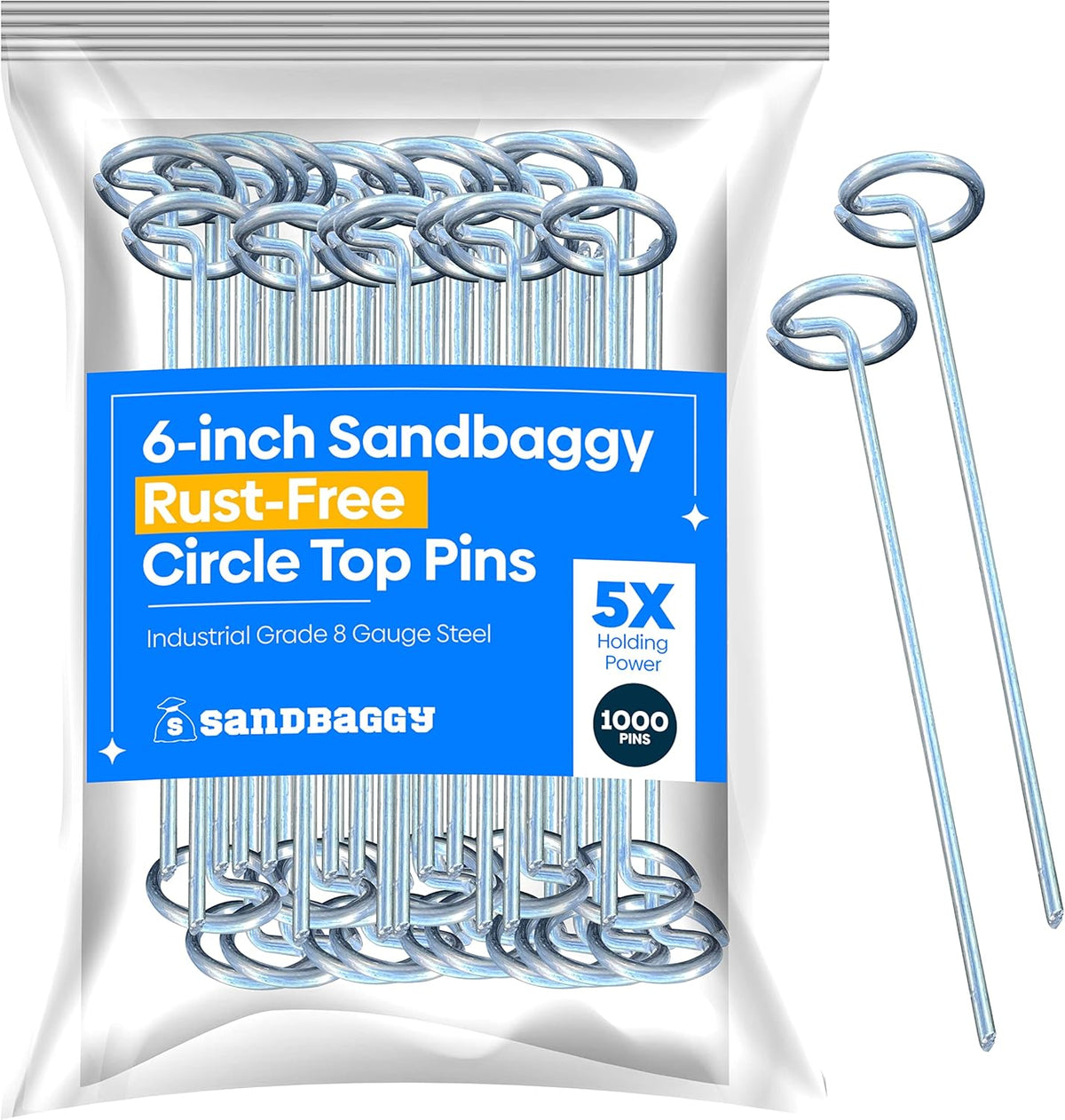 Sandbaggy 6-inch Circle Top Pins - Landscape Staples (Galvanized) - Garden Stakes for Landscaping, SOD - Heavy Duty Ground Stakes, Lawn Turf Spikes, Christmas Decorations, Weed Mats (1000 Pins)