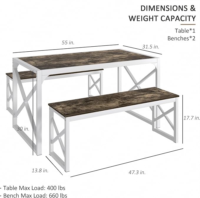 VECELO Kitchen Dining Table Set for 4 to 6, 55" Wood Dinette 2 Benches with Metal Frame for Dinner Breakfast Nook and Small Space, Dark Brown