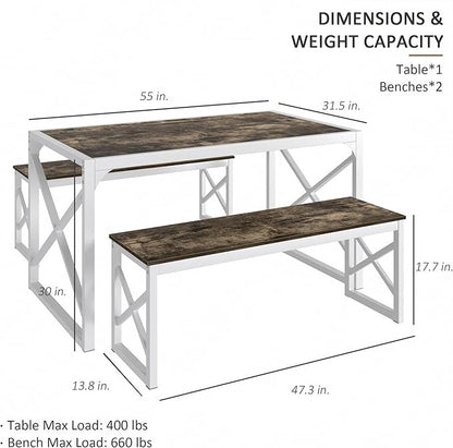 VECELO Kitchen Dining Table Set for 4 to 6, 55" Wood Dinette 2 Benches with Metal Frame for Dinner Breakfast Nook and Small Space, Dark Brown