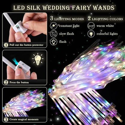 100 Pieces Light up Wedding Wands with Ribbons & Bells –LED Silk Wedd Fairy Wands Streamers with Warm White & Colorful Lights for Wedding Send Off Ideas, Parties, and Celebrations