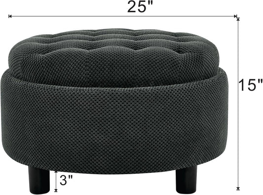 25'' Round Storage Ottoman with Reversible Tray Lid, Tufted Footrest Stool with Hidden Storage, Couch Side Table for Low Tea (Dark Grey)