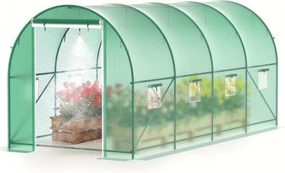 15x7x7 FT Walk-in Greenhouse for Outdoors w/ Watering System,8-Ventilated Screen Window Portable Greenhouse for Winter Plant Protection w/ 2-Zipper Door,PE Cover & Heavy Duty Frame