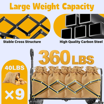 Wagon Cart Foldable, 360Lbs Collapsible Wagon Cart with Wheels Portable, Outdoor Utility Carts for Groceries, Camping, Sports, Garden, Shopping, Black