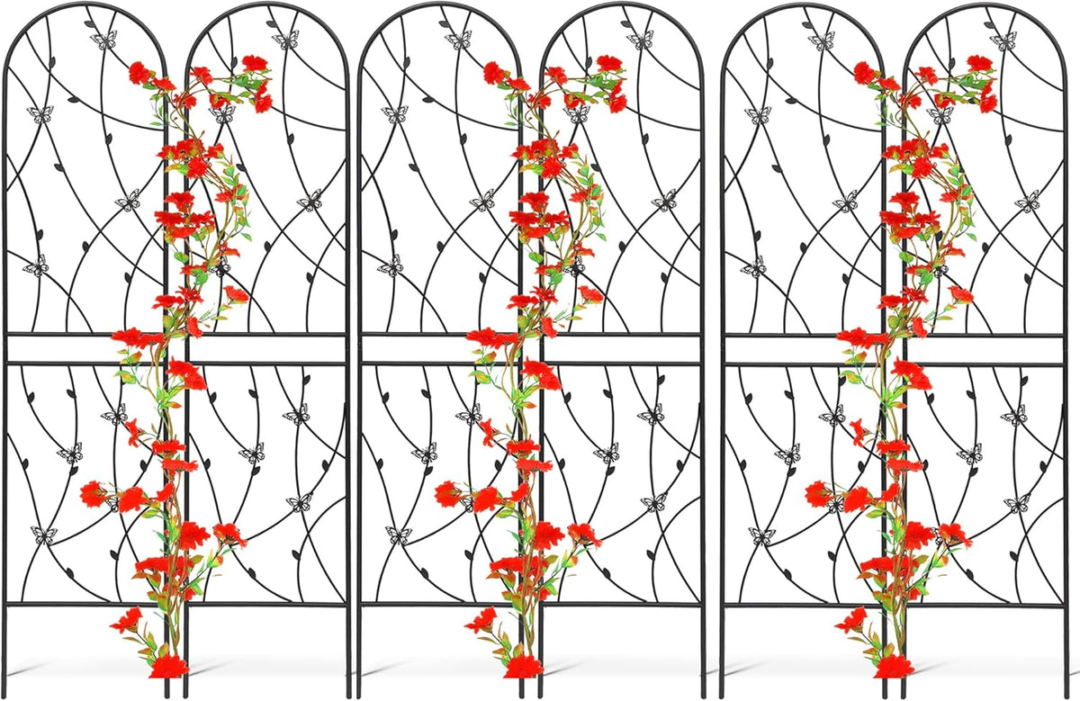 6 Pack Metal Garden Trellis 6FT Outdoor Garden Fence Rustproof Trellis for Climbing Plants Support Roses Flower Lawn Decoration, Black 71" Tall
